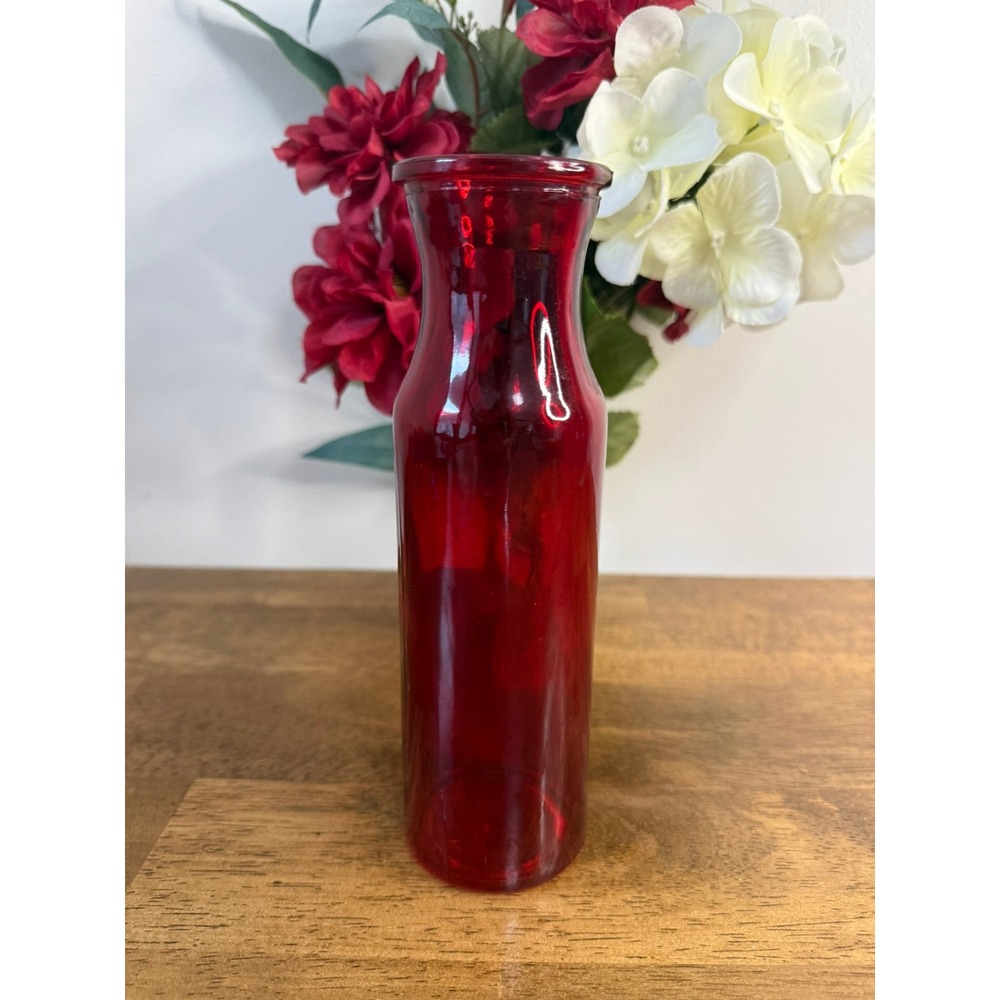 Vintage Ruby Red Flashed Glass Vase Tall Cylinder Bud Vase Mid Century Decor